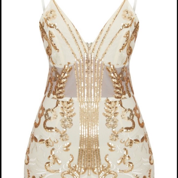 Gold Sheer Strappy Panel Sequin Bodycon Dress NEW - Picture 7 of 8